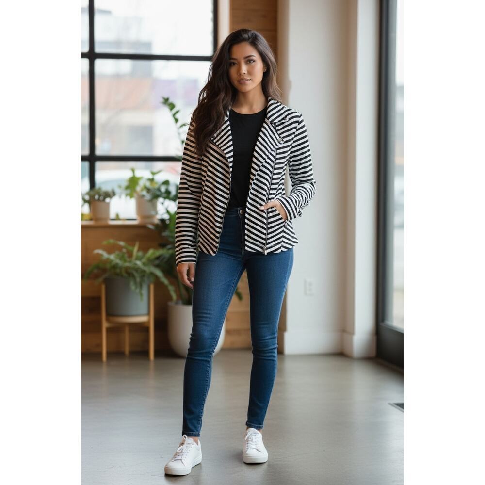 Erin London Black White Striped Moto Zip Jacket Medium - Picture 1 of 6